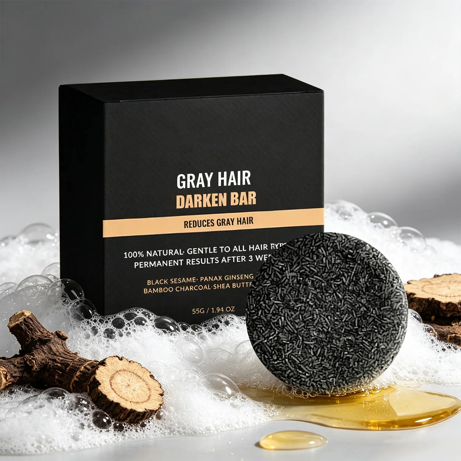 Gray Hair Care Shampoo Bar for Men and Women, Hair and Beard Cleansing Bar for a Darker Looking Appearance, Nourishing Scalp Care and Daily Hair Wash - 55g