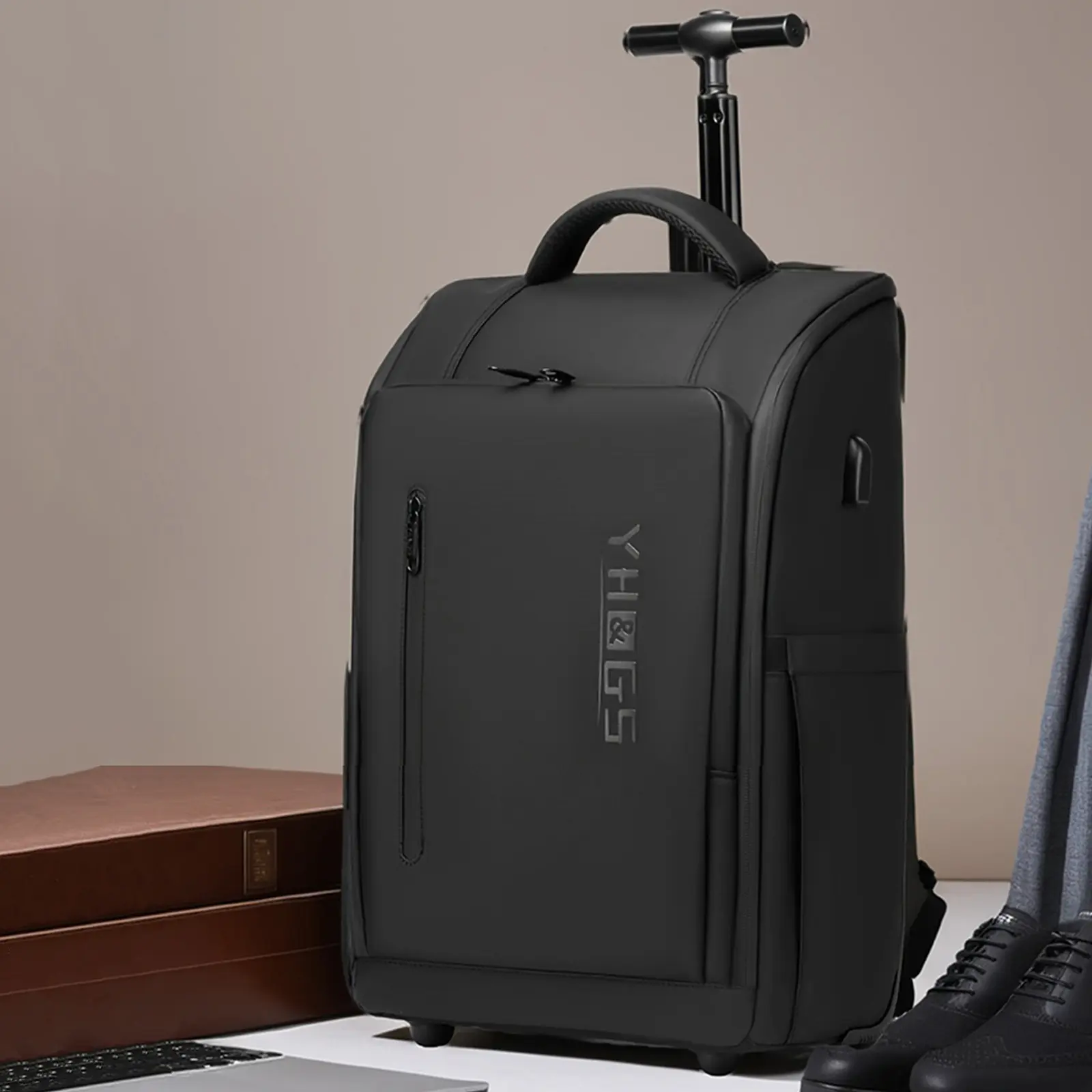 Wheeled Business Backpack with Retractable Trolley Handle, Water-resistant, 3-5 Days Travel Carry On Luggage, Convertible Rolling Laptop Backpack with Hidden Wheel Cover