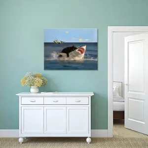 1pc 2D Flat Framed Wrapped Canvas Framed Black Cat Wall Art, Funny Quirky Cat and Shark Pictures Canvas Print, Abstract Black Cat Shark Wrapped Canvass Wall Decor for Room Bedroom Living Room Bathroom(Wrapped Canvas), 2D Flat, Perfect for Room Decor