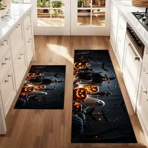 2Pcs Halloween Grim Reaper Ghost Horror Pumpkin Skull Floor Mat Set Farmhouse Kitchen Carpet Restaurant Floor Laundry Room Decor Carpet Mat