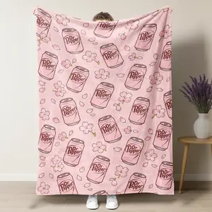 Dr. Pepper Lovely Pink Floral Cherry Blossom Flannel Throw Blanket Sweet Sixties Sips Drpepper Blankets Versatile For Sofa, Bed, Office, Camping- Cozy Nap Blanket