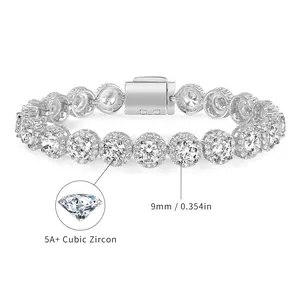 GEMSME 9MM Unisex CZ Halo Round Cubic Zirconia Halo Tennis Bracelets Cuabn link chain for Women Men Hiphop Classic Elegant Fashion Trendy Design  Copper Bracelet 18k White Gold Plated Hypoallergenic AT62205