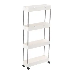 4-layer Storage Rack, Movable Storage Rack with Hooks, Space Saving Storage Organizer for Bathroom Office Kitchen Laundry Room