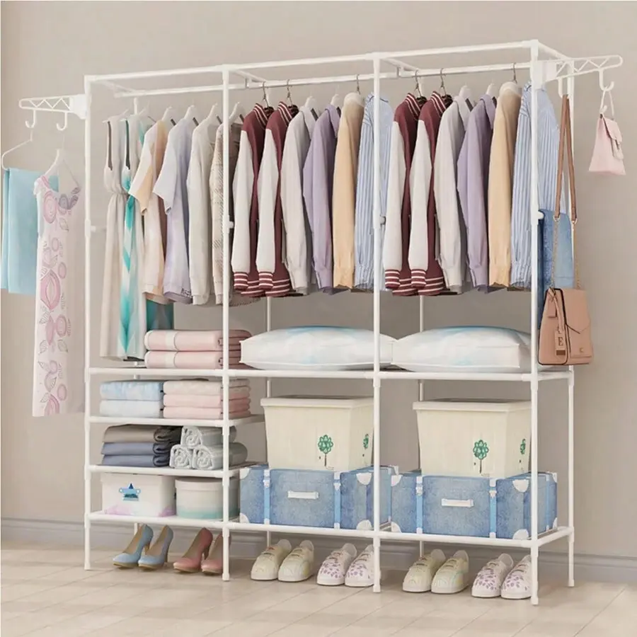 1pc Freestanding Garment  With Shoe And Clothing  Shelves - Household Bedroom Clothes   With Hooks Multicolor door organizer helmet   storage rack