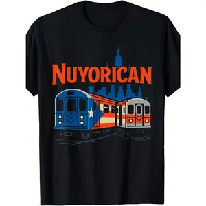 Nuyorican Graphic Subway Train City Skyline Mens T Shirt Streetwear Crewneck Short Sleeve Soft Cotton Casual Summer Outfit Gift