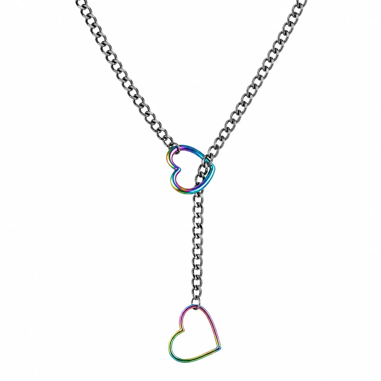 Women's Rainbow Double-End Heart Shaped Lariat Necklace - 60cm Gunmetal Y-Necklace with Sparkling Iridescent Pendants, Minimalist Female Accessory for Daily Wear, Heart Shaped Necklace