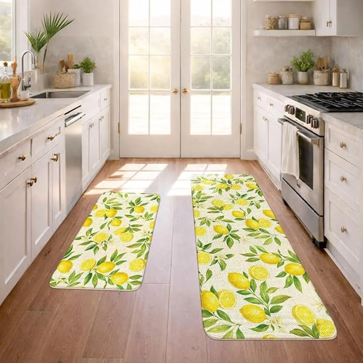 Watercolor Lemon Leaf Print Non Slip Absorbent Indoor Kitchen Area Rugs Fresh Summer Botanical Farmhouse Style Floor Runner Decorative Mat