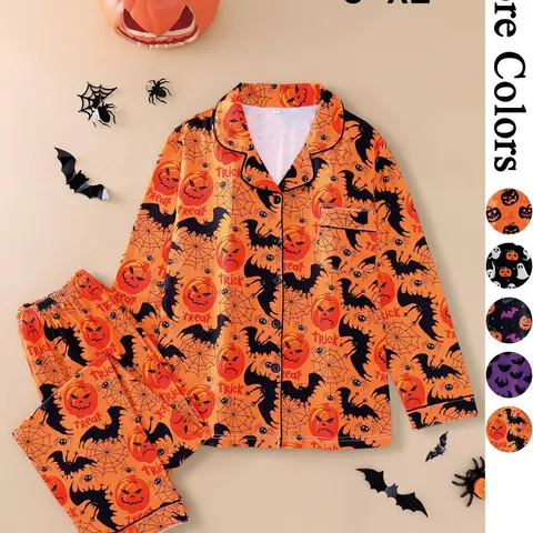 Women's Halloween Themed Pumpkin Print Pajama Two-piece Set, Casual Comfortable Longsleeves Lapel Neckline Button Pajama Set, Ladies Sleepwear & Loungewear for All Seasons, Pjs, Casual Pajama Sets
