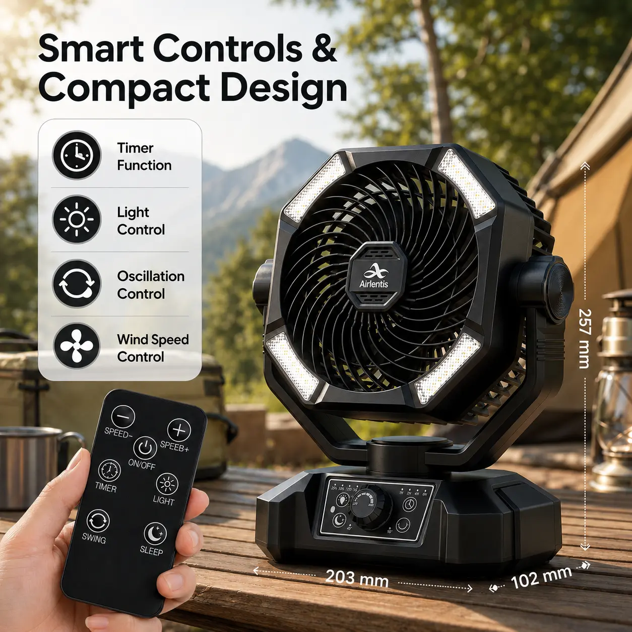 20000mAh Camping Fan with Remote, Battery Operated with 4 LED Lantern, 8 Speeds Portable Outdoor Fan with Hook for Tent, Power Outages, Jobsite