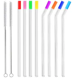 Eco-Friendly Clear Glass Straws (Pack of 8) with Cleaning Brushes & Silicone Tips Drinkware Metal
