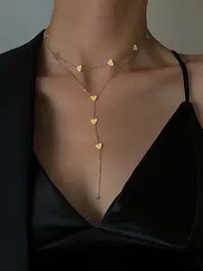 Women's Dual-Layer Necklace, Beach Style Spring Summer Waterproof Allergy-Free Stainless Steel Y-Shape Multi-Layer Pendant Jewelry Gift, Layered Necklaces