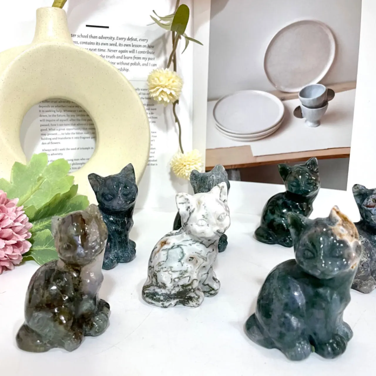 2 Counts Moss Agate Cat Crystal Reiki Crytsal Healing Home Decor From IG Crystal