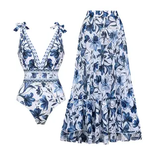 FLAXMAKER Women's V Neck Blue Print Bow Strap Non-Adjustable One-Piece Swimsuit and Matching Cover Skirt Set Summer Swimdress Swimming White Bathing Suit Stylish Beachwear