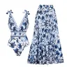 FLAXMAKER Women's V Neck Blue Print Bow Strap Non Adjustable One Piece Swimsuit and Matching Cover Skirt Set Summer Swimdress Swimming Bathing Suit Stylish Beachwear swimsuits 2026 women #TikTokShopStockUp #dailydeals