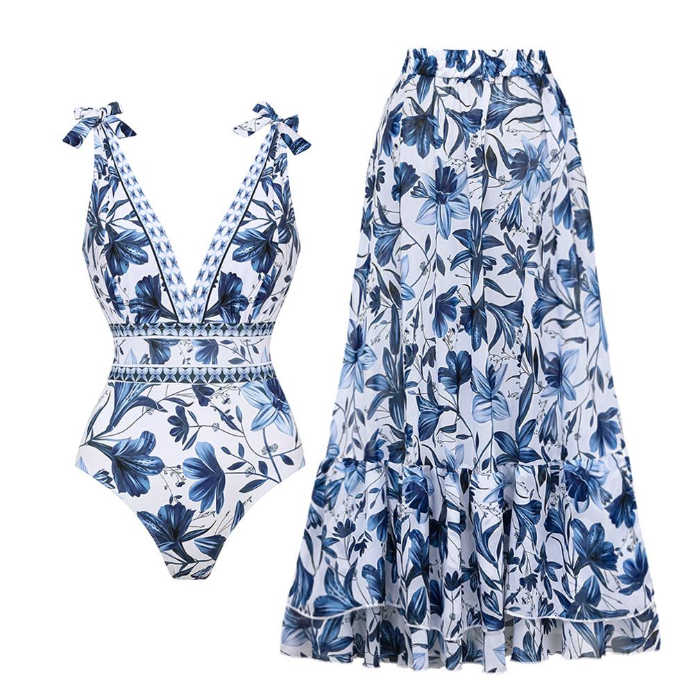 FLAXMAKER Women's V Neck Blue Print Bow Strap Non-Adjustable One-Piece Swimsuit and Matching Cover Skirt Set Summer Swim