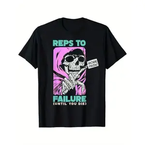 Funny Reps To Failure Weightlifting Bodybuilding Fitness Gym T-shirt Comfortable, Casual Short Sleeve, Daily Wear, All Season, Black