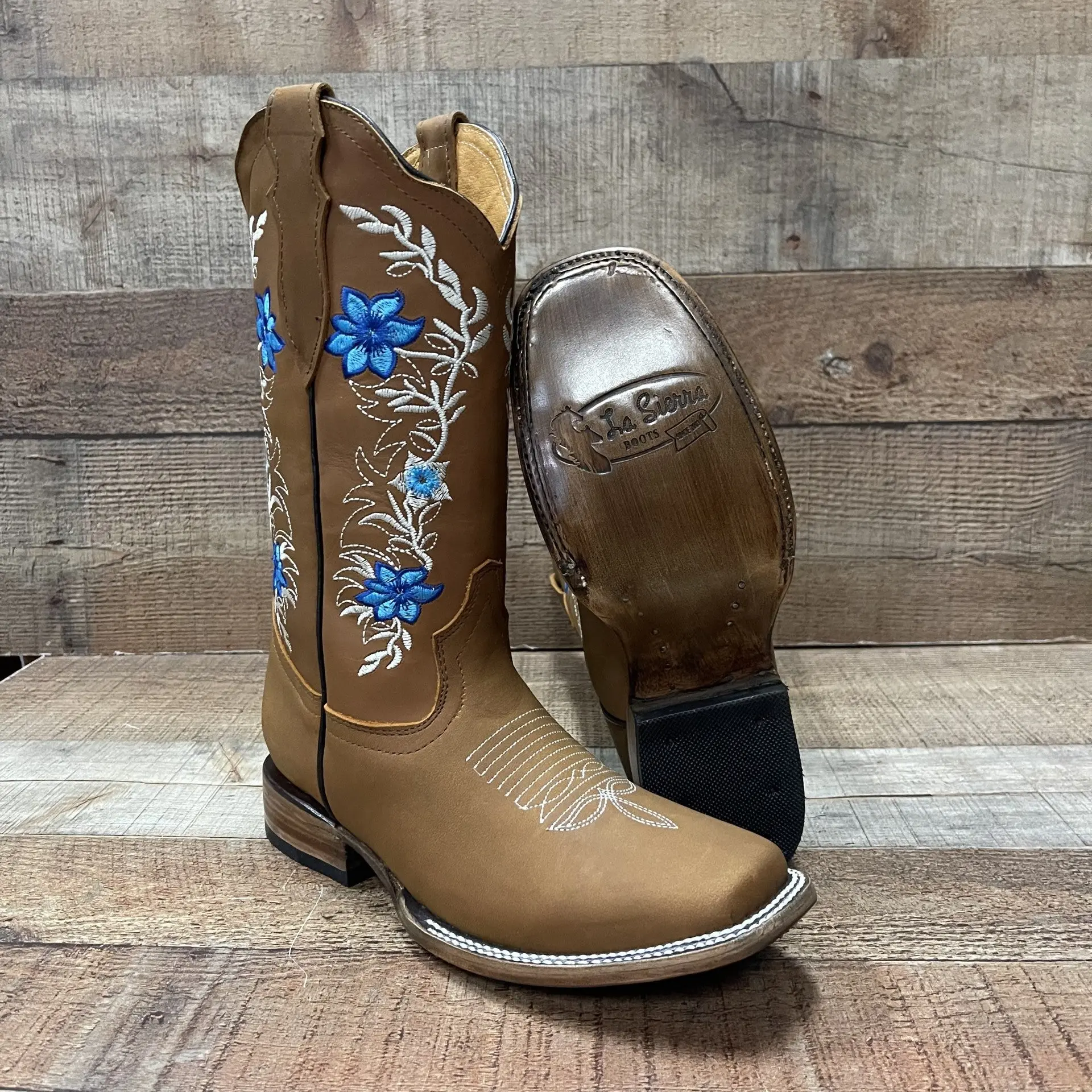 Women's Western Cowgirl Boots Genuine Cow Leather Blue Floral Embroidery Crazy Tang Handmade in Mexico Est. 251