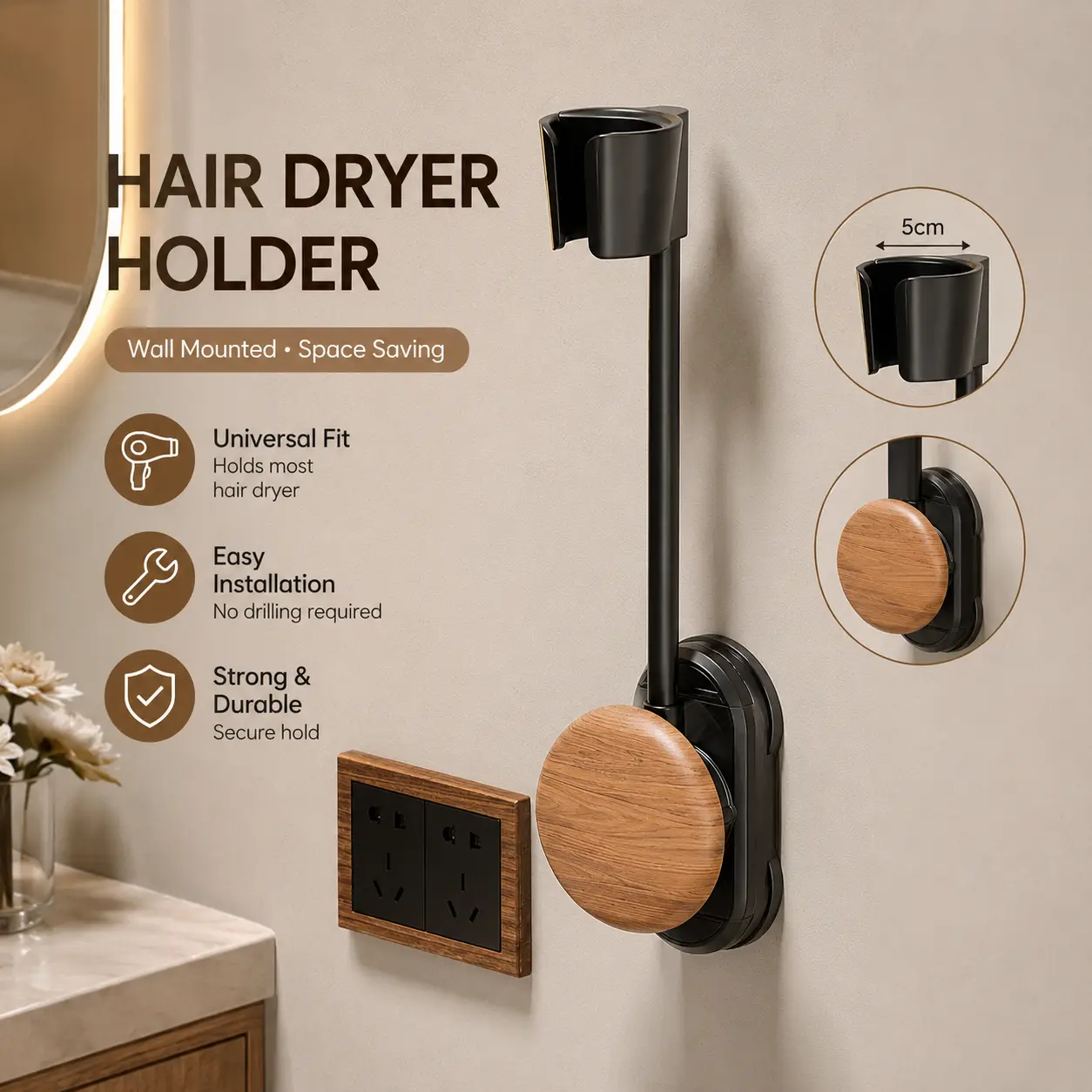 Bathroom Hair Dryer Holder - Suction Cup Wall-Mounted Bathroom Accessory, No-Drilling Heavy-Duty Hands-Free Blow Dryer Organizer for Shower Storage