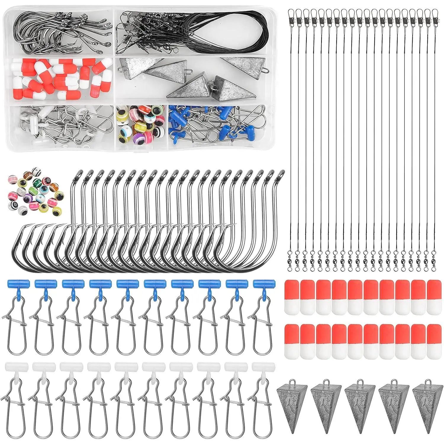 105PCS Surf Fishing Tackle Kit Fish Finder Rigs Saltwater Surf Fishing Rigs Live Bait Rig with Hooks Floats Sinker Slider Beads Pyramid Sinkers Leaders  Bass Beach Ocean Fishing Gear Accessories