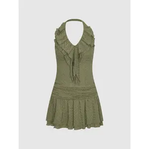 URBAN REVIVO 2026 Women's Ruffle Collar Sleeveless A-Line Mini Dress, Thin Polyester Fabric Casual Wear Skirt Dress