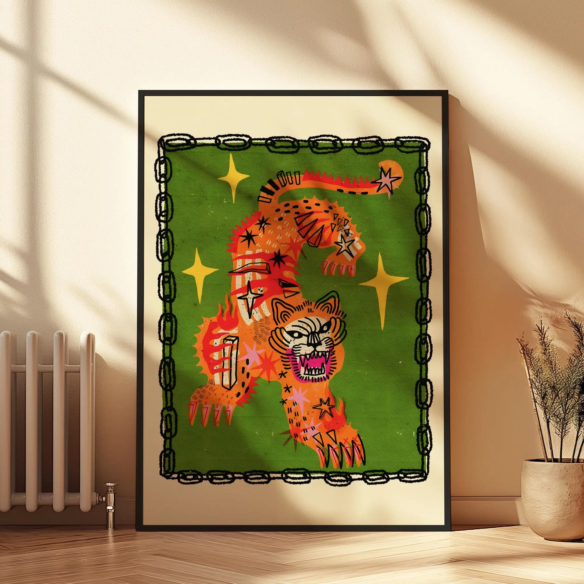 Tiger In Green - Bold Tiger Illustration in Vibrant Colors, Contemporary Art Shiny Abstract Shapes, Unique Poster for Modern Decor