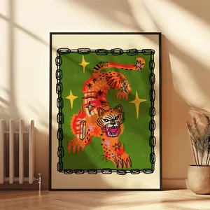 Tiger In Green - Bold Tiger Illustration in Vibrant Colors, Contemporary Art Shiny Abstract Shapes, Unique Poster for Modern Decor