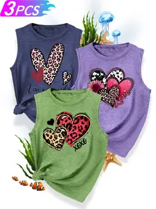 3Pcs Women's Crew Neck Tank Tops, Leopard Heart Series Print, Multiple Colors Available, Machine Washable, Spring & Summer Tops, Soft Skin-Friendly Fabric, Daily Versatile, Casual, Fashion Design, Patterned Tank Top