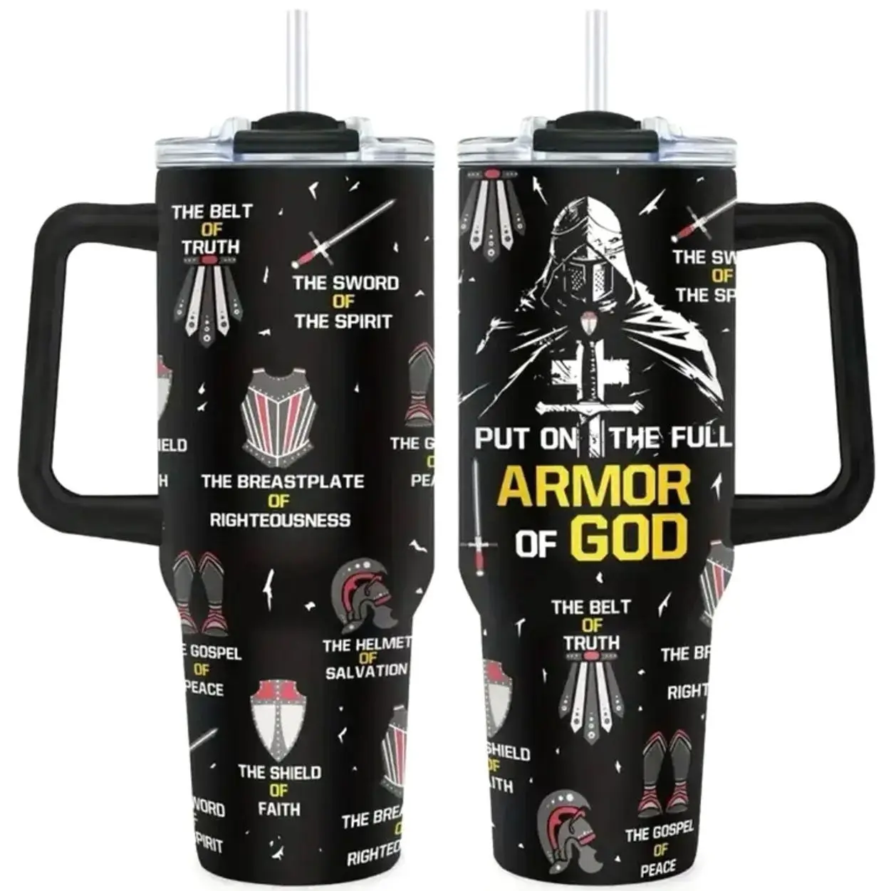 40oz Armor of God Insulated Tumbler with Handle and Straw, Double Wall Vacuum Insulated Travel Mug, Trendy Collector Drinkware