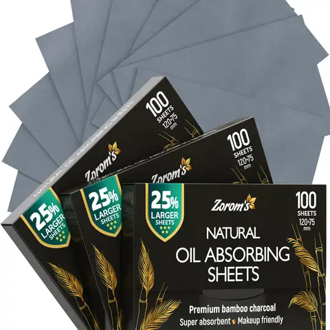 Zorom's Bamboo Charcoal Face Oil Blotting Sheets (3 Pack / 300 Count) - 25% Extra Large XL Mattifying Paper, Makeup Friendly T-Zone Oil Absorber
