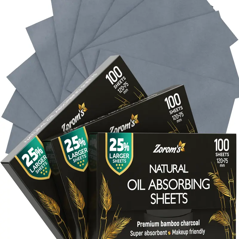 Zorom's Bamboo Charcoal Face Oil Blotting Sheets (3 Pack / 300 Count) - 25% Extra Large XL Mattifying Paper, Makeup Friendly T-Zone Oil Absorber