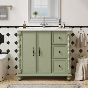 ONBRILL Modern 36-inch Bathroom Vanity with Integrated Ceramic Sink 4 Solid Wood Legs 2 Drawers 2 Doors Freestanding Storage Cabinet for Farmhouse Rustic Minimalist Homes