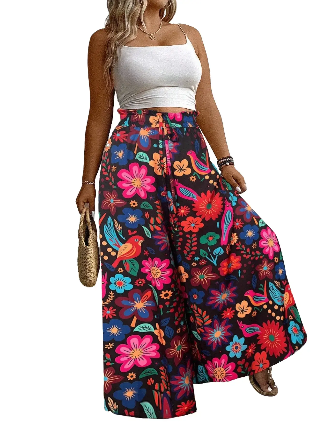 ZYRA Women's Plus Size (XL) Curvy Clothing Bohemian Tie-Dye Floral Print High Waist Draped Wide-Leg Statement Pants - Lightweight Knit, Lace-Up, Belted, Breathable, Soft Fabric, Relaxed Fit, Adjustable Drawstring, Medium Stretch Holiday Bottoms