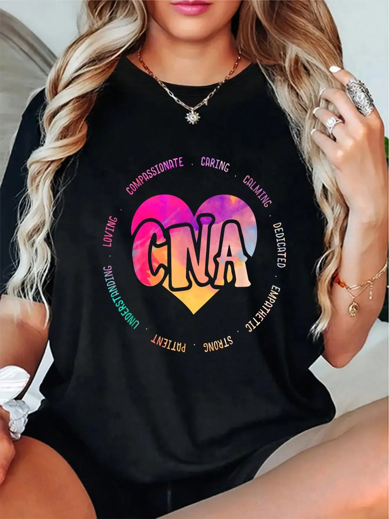 100% Cotton Women Men CNA Nursing Loving Caring Compassionate Funny CNA T-Shirt