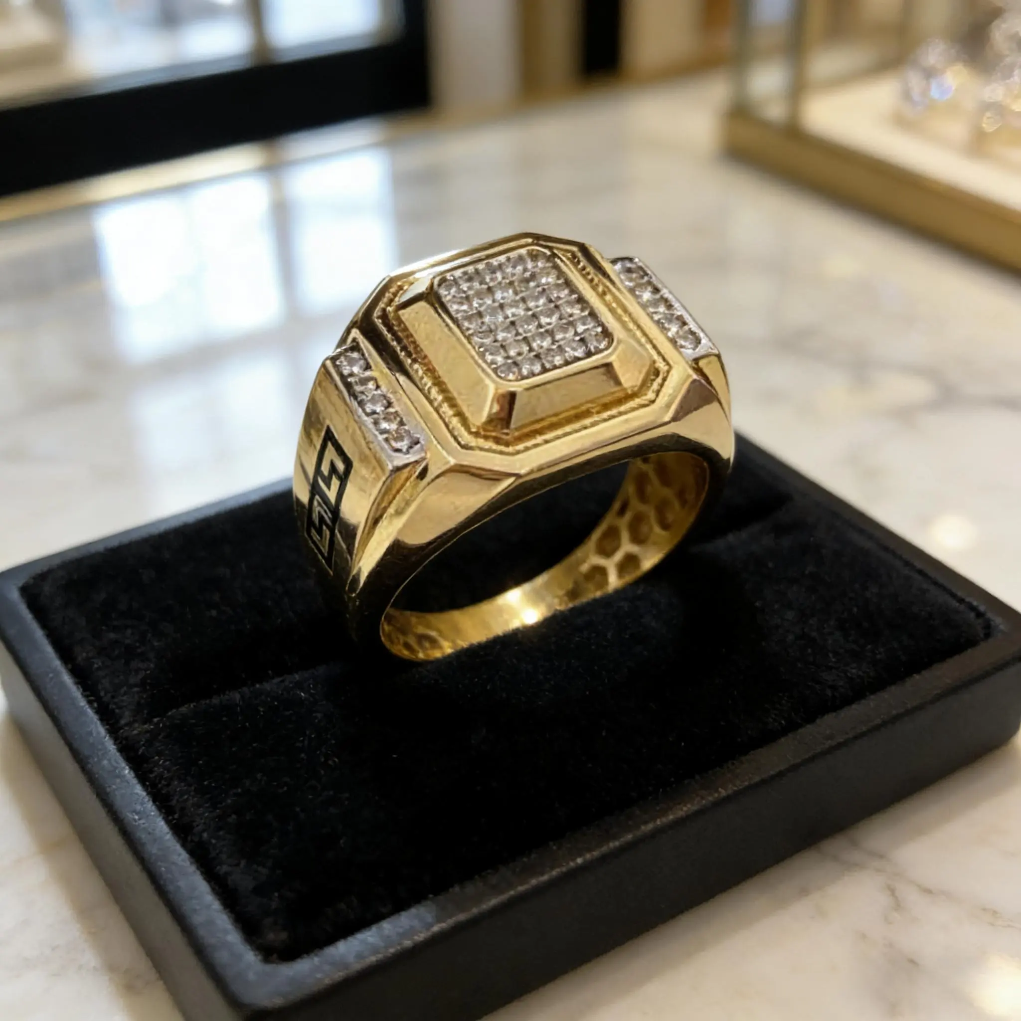 Men’s Gold-Tone Tarnish-Resistant Scratch-Resistant Zircon Embellished Ring - Bold Hexagon Modern Edge, Daily-Wear Tough Stainless Steel Band, Luxury Look w/o Cost, Elegant Packaging, Statement Costume Jewelry for Gentlemen