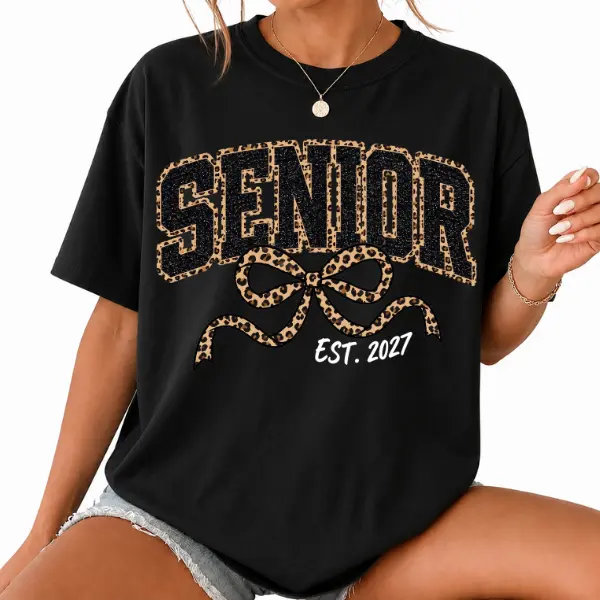 Senior 2027 Leopard Print Graphic T-Shirt, Bow Senior Text Front Shirt, Black School Spirit Outfit, High School College Senior Tee, Unisex Casual Shirt