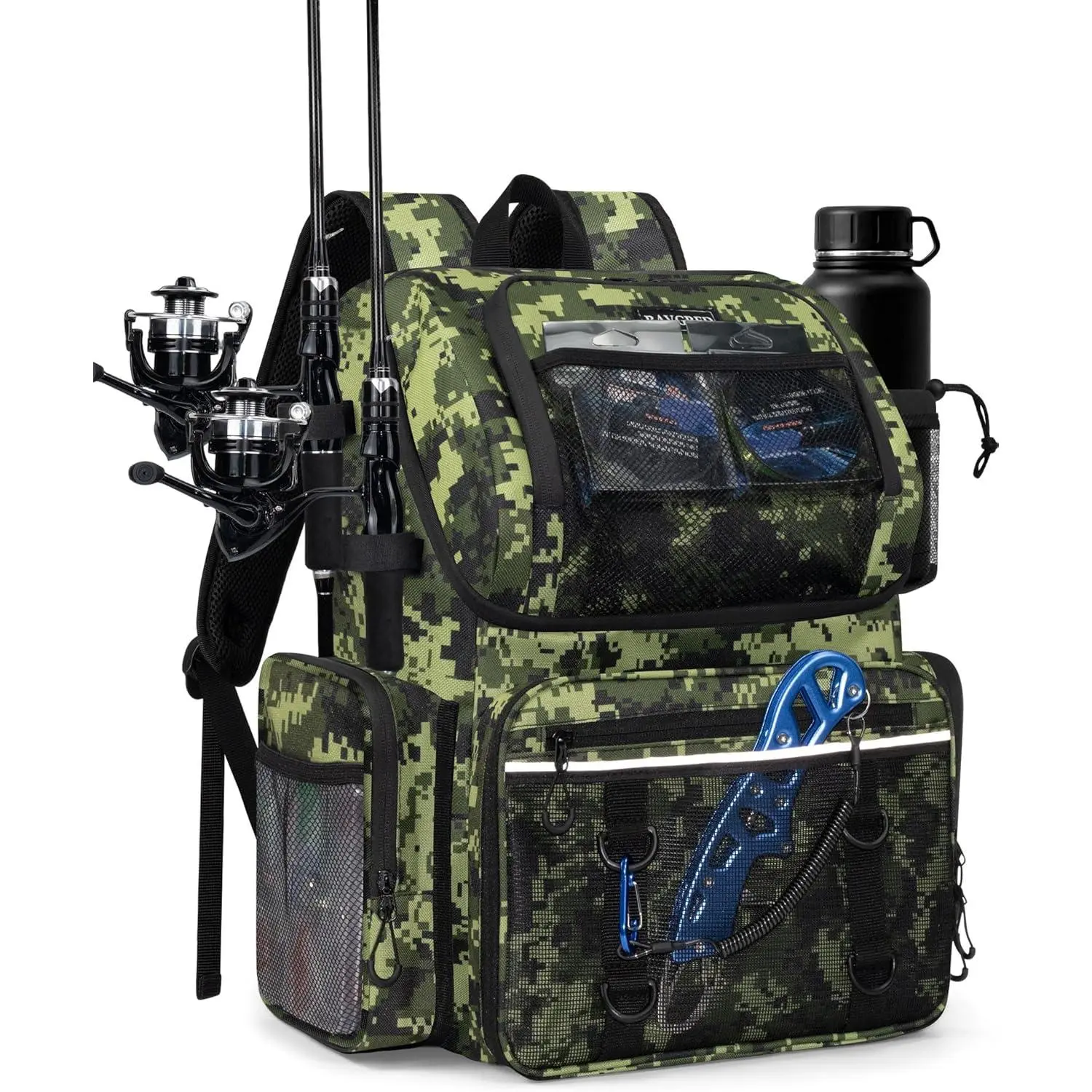 Large Water-Resistant Fishing Tackle Backpack for Anglers with Insulated Cooler Compartment and Rod Holders, Green, Fishing Rod