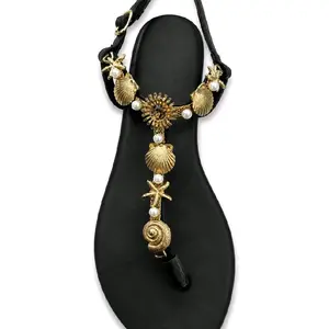 Women's Stylish Sea Shell Summer Sandal - Gold Starfish, Pearl Accents - Shoe with Unique Design for Beach Footwear