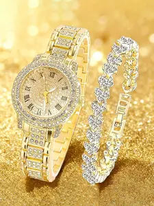 2-Piece Wristwatch Set Elegant Round Dial Roman Numeral Quartz Watch & Shiny Heart Bracelet, Perfect for Women's Daily Wear, All Seasons, Fashion Chic Accessories