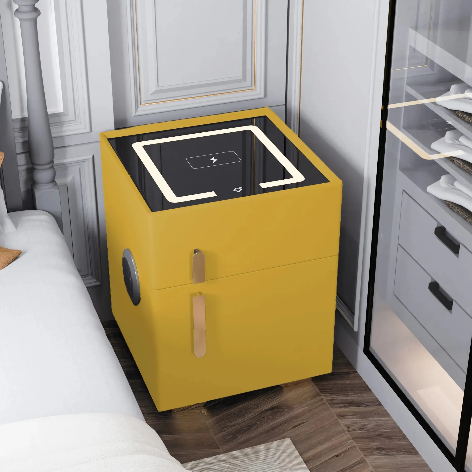 Modern Wood Bedside Cabinet Nightstand Table with Wireless Charger, USB Port, LED Lights, Speaker, Bedroom Storage