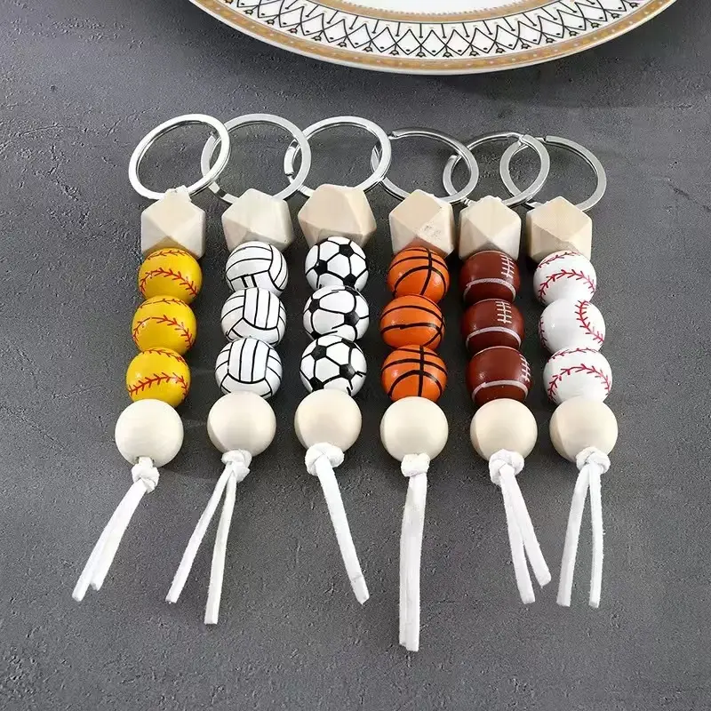 New Sporty Monogram Keychain, Creative Football Basketball Baseball Charm, Bag Strap Phone Cord, Fashion Accessory for Men and Women, Stylish Keychain, Cool Keychains, Wooden Keychain