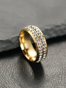 Titanium Steel Ring with Double Row Full Diamond Inlay, Titanium Wedding Band, Stainless Steel Couples Ring Symbolizing Good Luck, Perfect Gift for Her