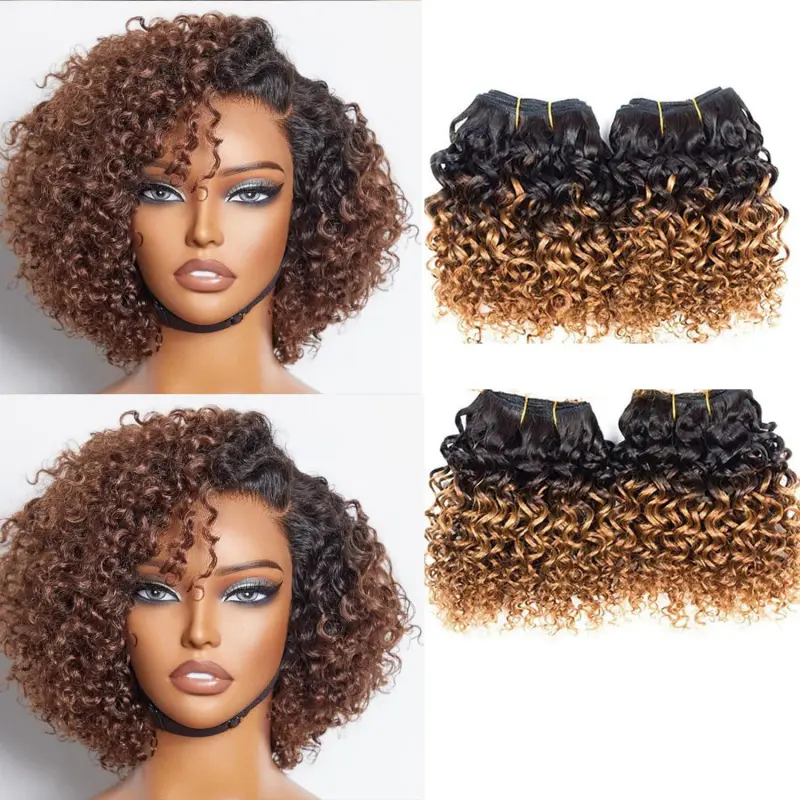 4 Bundles Human Hair 8 8 8 8 Inch 1B/30 Color Kinky Curly 200g/Pack Brazilian Virgin Hair Quick Weave Hair Extensions for Women Ombre Highlight Color