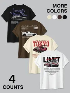 Four-Color Modified Car Print Short Sleeve T-Shirt Set, Japanese Style Jdm Street Fashion Loose Top, Casual Geometric Pattern, Streetwear