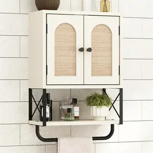 Rattan Bathroom Wall Cabinet, Boho Over The Toilet Storage Cabinet with Arched Rattan Doors, Modern  Cabinet with Adjustable Shelves & Towel Bar( White,Small)