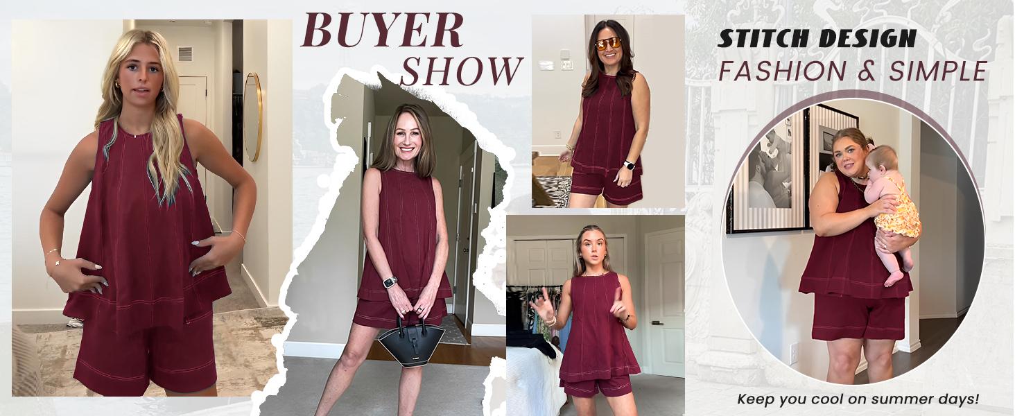 Ommig Womens 2 Piece Outfits Sleeveless Matching Sets A Line Tank Tops Contrast Stitching High Waist Shorts with Pockets