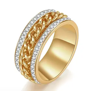 COD1021  Cuban Chain Rhinestone Thick Ring - Gold-Tone Fashion Jewelry with Sparkling Stones