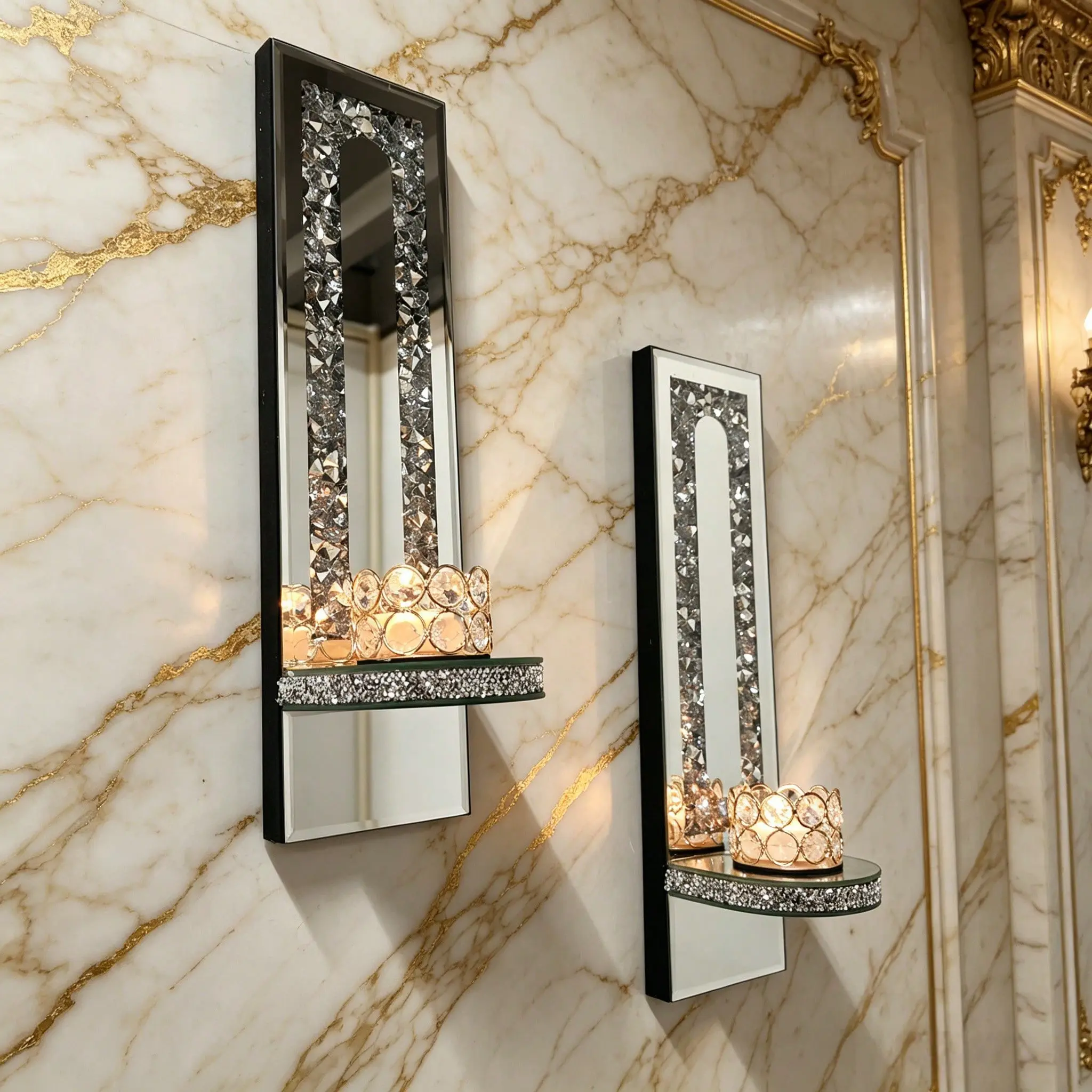 Luxury Crystal Mirror Candle Sconces Set of 2, Elegant Wall Mounted Candle Holders with Reflective Design, Glam Home Decor for Bedroom, Living Room & Bathroom