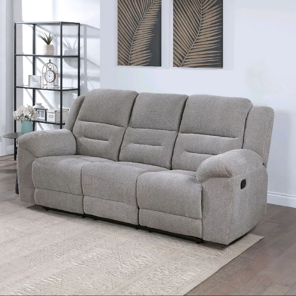 Brand New Three Seater Recliner Sofa in Soft Grey Fabric with Comfortable Seating and Easy Recline Mechanism