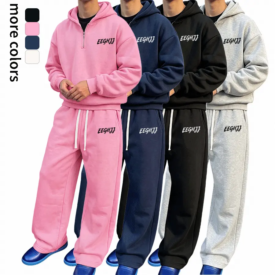 Unisex (gray, pink, navy blue, black) four-color autumn streetwear back-to-school vacation letter-print half-zip hoodie + wide-leg sweatpants two-piece set, comfortable outfit suitable for everyday wear, can serve as the first piece for the back-to-school