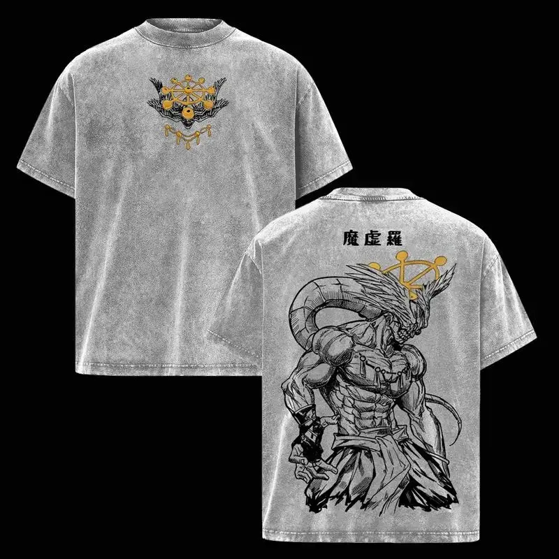 Men's Classic Stylish Jujutsu Kaisen Mahoraga Graphic Shortsleeve Tshirt - Vintage Washed Oversized Dark Streetwear Menswear, Ribbed Round Neck, Soft Cotton Top, Unisex 1-Piece Seamless Apparel, Gift for JJK Fans